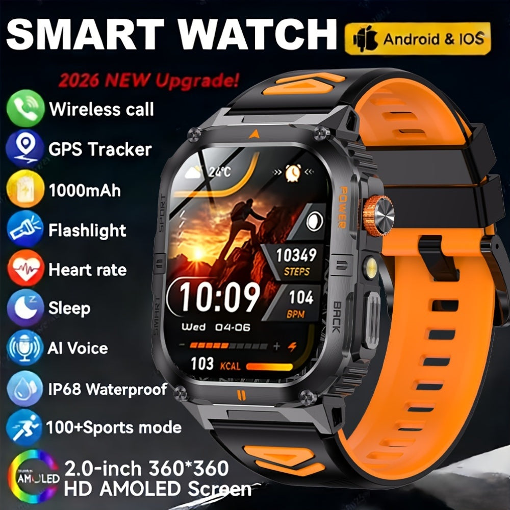 Rugged Smart Watch for Men with Bluetooth Calling, 2.0" HD AMOLED Display, IP68 Waterproof Fitness Tracker, LED Flashlight, 100+ Sports Modes, iOS & Android
