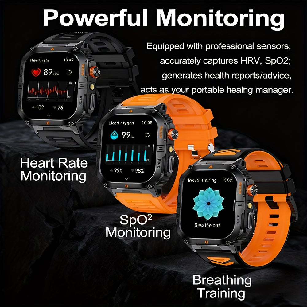 Rugged Smart Watch for Men with Bluetooth Calling, 2.0" HD AMOLED Display, IP68 Waterproof Fitness Tracker, LED Flashlight, 100+ Sports Modes, iOS & Android