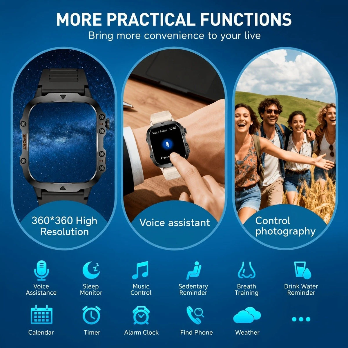 Rugged Smart Watch with LED Flashlight, Bluetooth Calling & Fitness Tracker