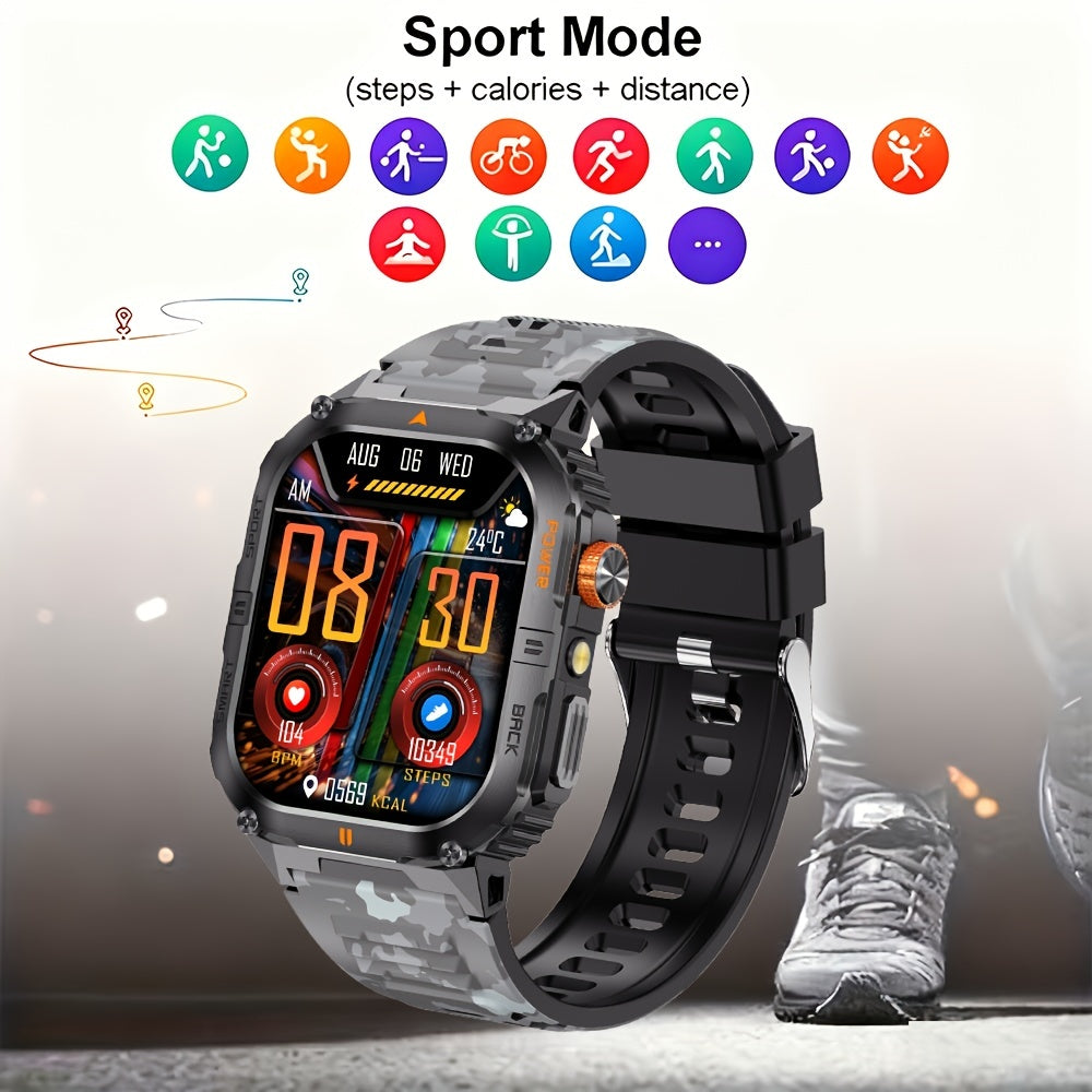 Rugged Smart Watch for Men with Bluetooth Calling, 2.0" HD AMOLED Display, IP68 Waterproof Fitness Tracker, LED Flashlight, 100+ Sports Modes, iOS & Android