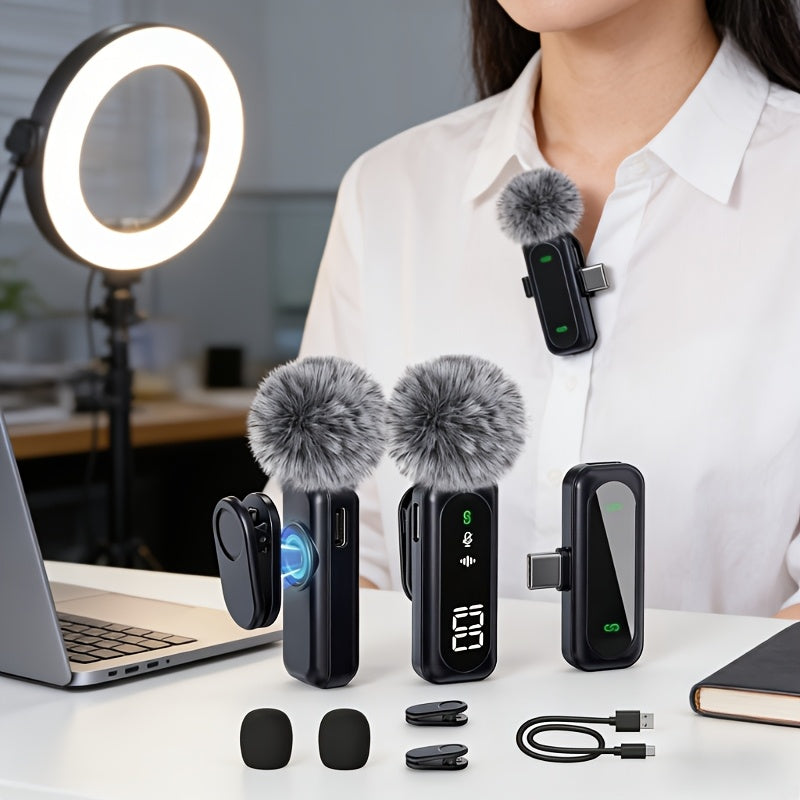 2.4G Wireless Lavalier Microphone with Windscreen, USB-C Clip-On Mic for Phone and PC