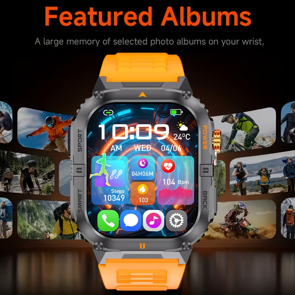 Rugged Smart Watch for Men with Bluetooth Calling, 2.0" HD AMOLED Display, IP68 Waterproof Fitness Tracker, LED Flashlight, 100+ Sports Modes, iOS & Android