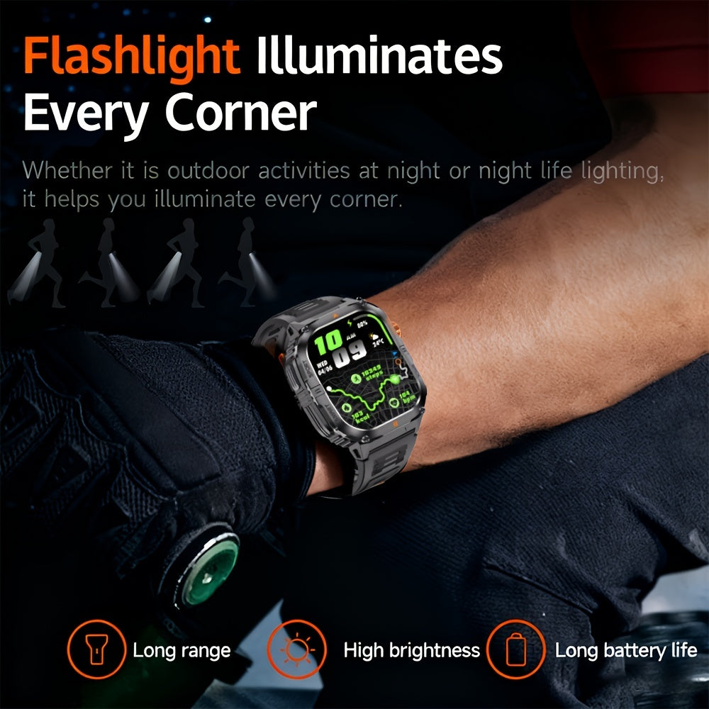 Rugged Smart Watch for Men with Bluetooth Calling, 2.0" HD AMOLED Display, IP68 Waterproof Fitness Tracker, LED Flashlight, 100+ Sports Modes, iOS & Android