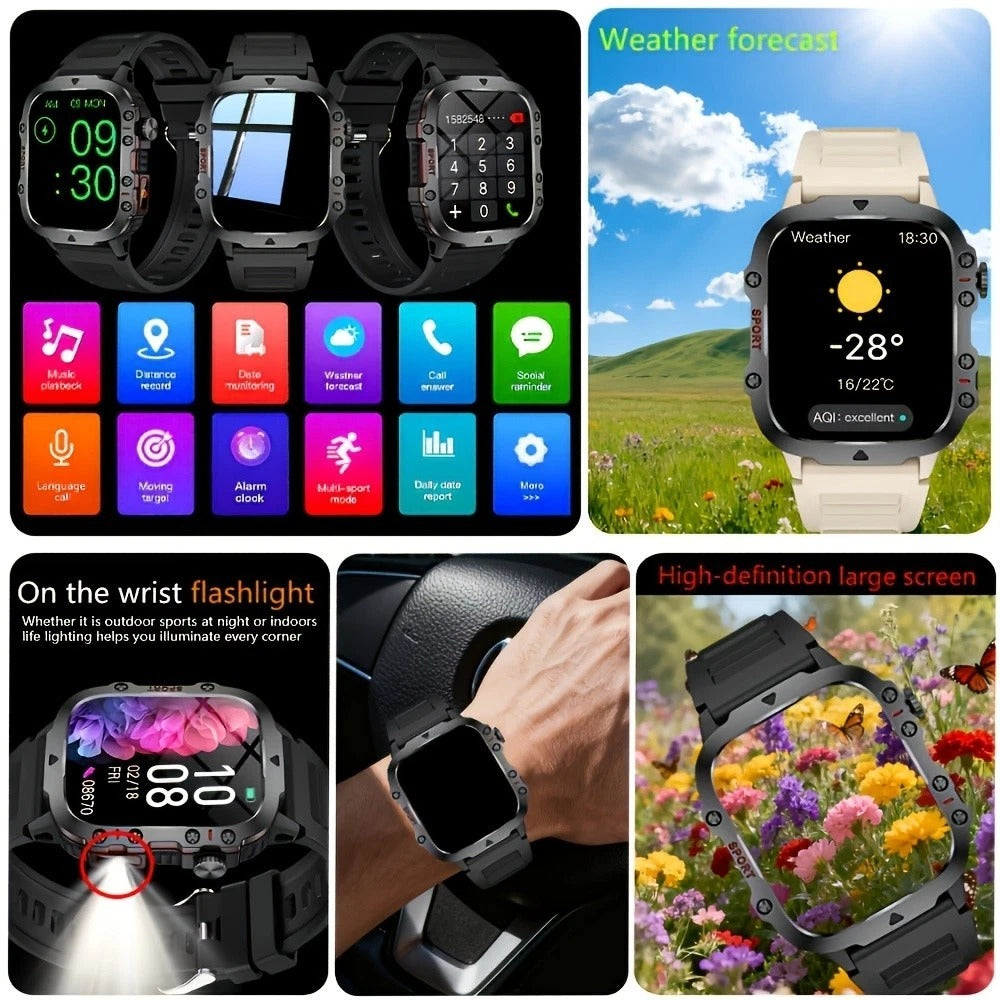 Rugged Smart Watch with LED Flashlight, Bluetooth Calling & Fitness Tracker