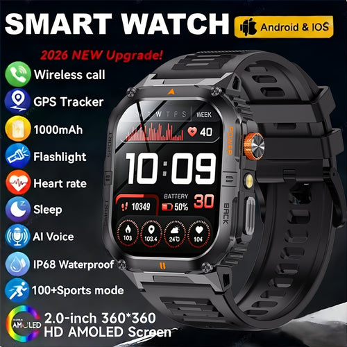 Rugged Smart Watch for Men with Bluetooth Calling, 2.0" HD AMOLED Display, IP68 Waterproof Fitness Tracker, LED Flashlight, 100+ Sports Modes, iOS & Android