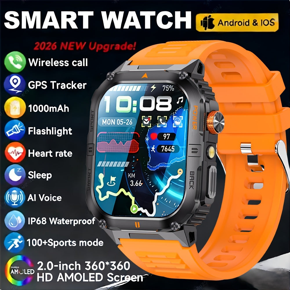 Rugged Smart Watch for Men with Bluetooth Calling, 2.0" HD AMOLED Display, IP68 Waterproof Fitness Tracker, LED Flashlight, 100+ Sports Modes, iOS & Android